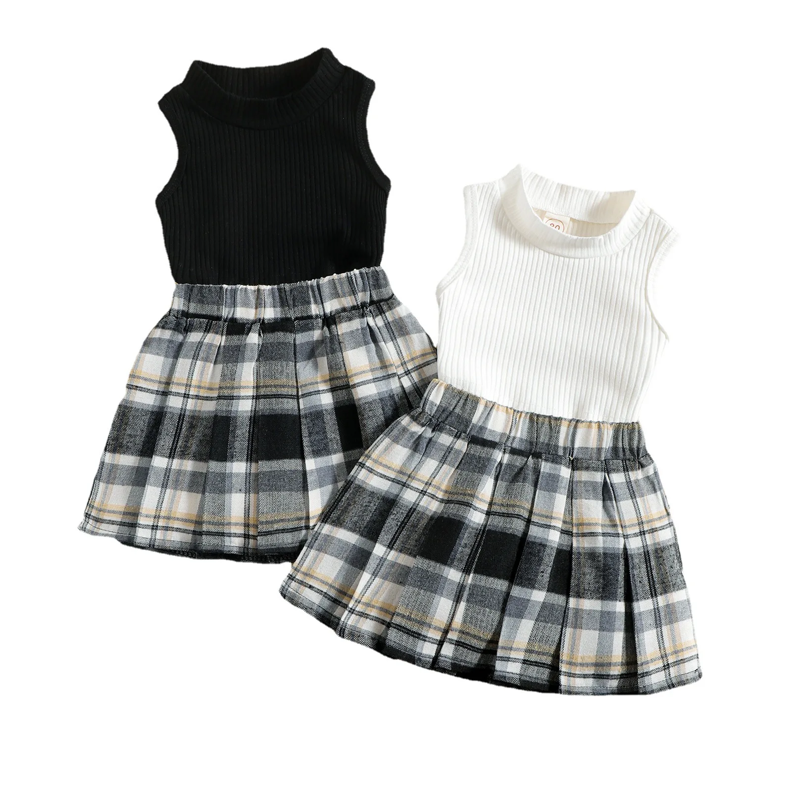 

Children's Clothing Sets Girls Cotton Short Vest + Plaid Pleated Skirt Two-piece Solid Color Fashion