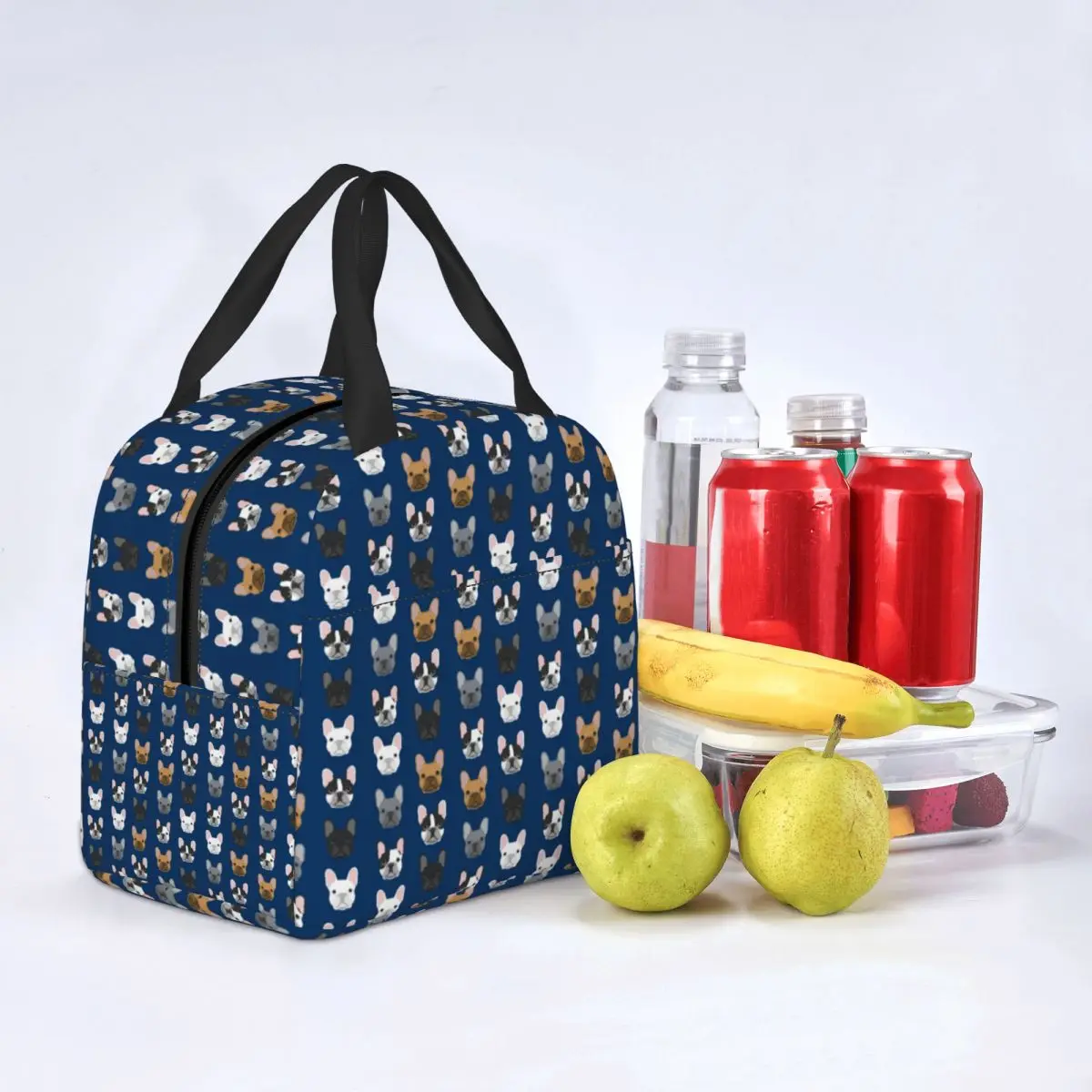 French Bulldog Faces Navy Blue Lunch Bag Portable Insulated Cooler Dog Thermal Cold Food Picnic Lunch Box for Women Children