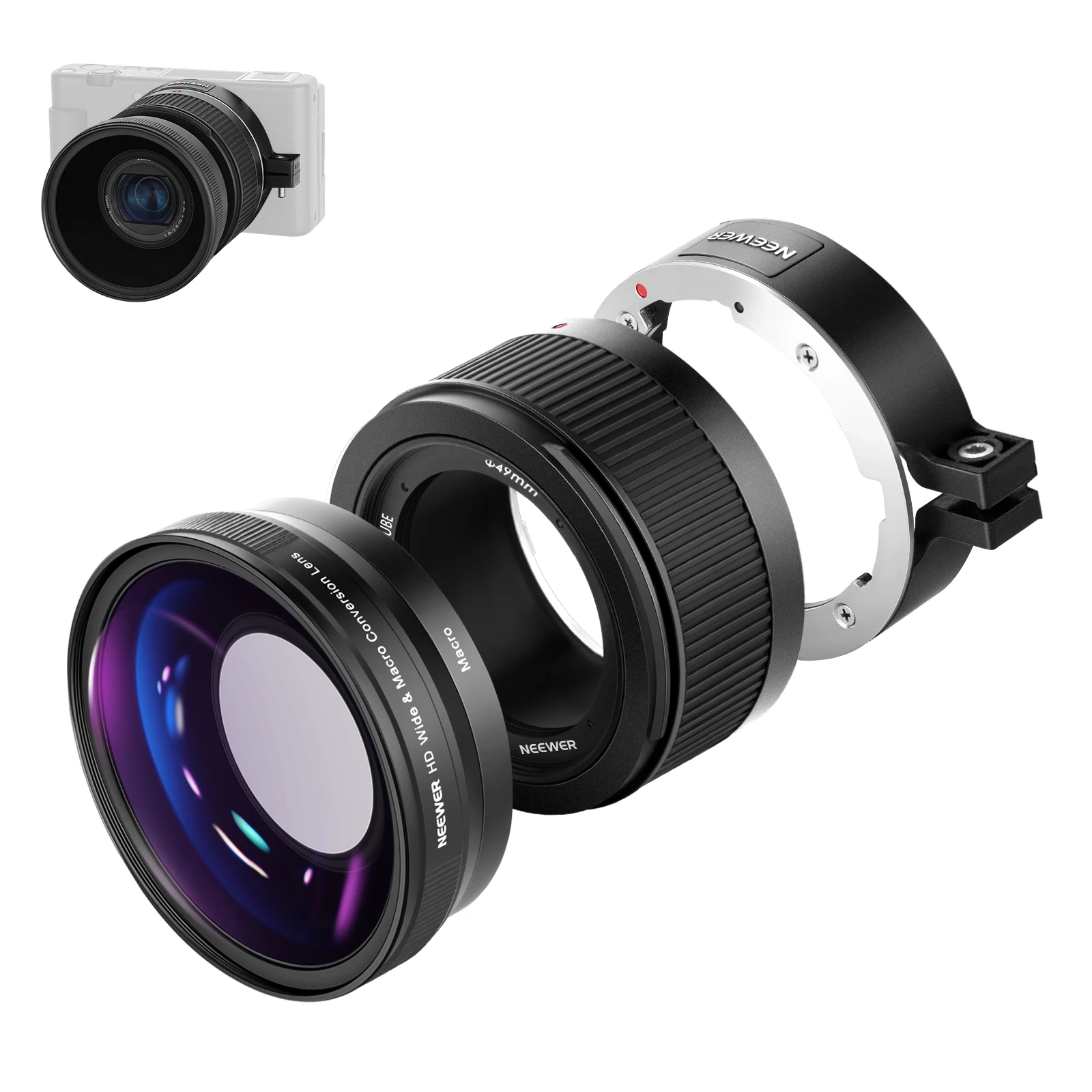 

Neewer широкоугольный объектив для камеры Sony ZV1 2-в-1 18 мм HD широкоугольный и 10x Макро дополнительный объектив с удлинительной трубкой