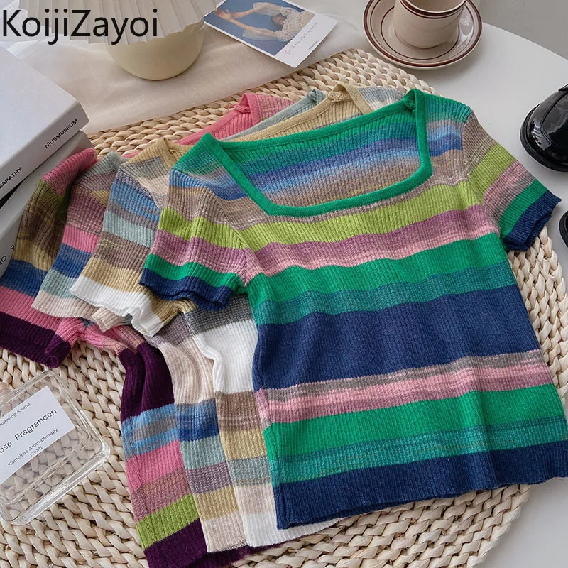 

Koijizayoi Colorful Striped Women Tshirt Summer Knitted Square Collar All Match Tshirts Chic Fashion Vintage Lady Slim Tees Tops