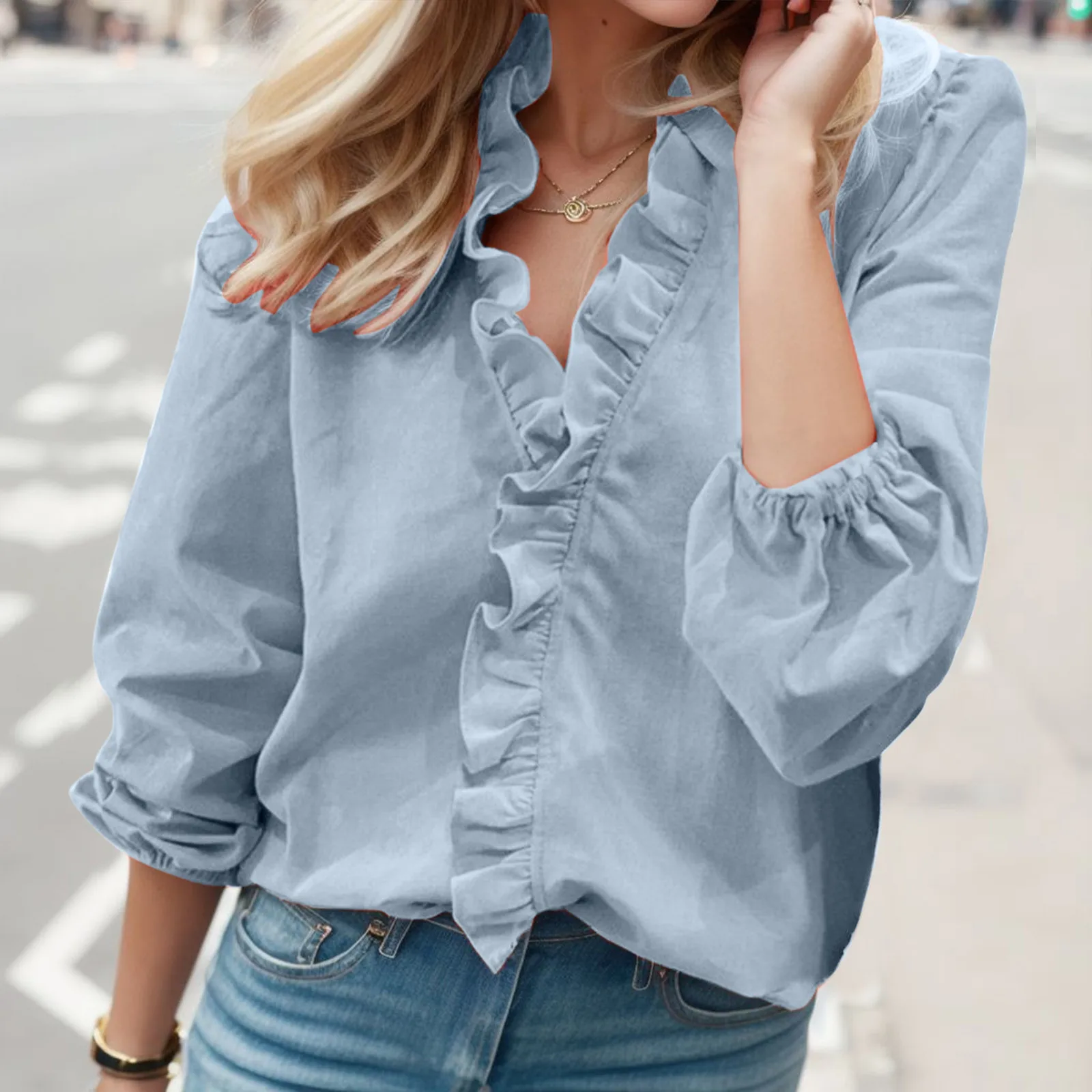 

Women's Summer Autumn Casual Shirts Vintage Fashion Ruffle V Neck Solid Color Shirt Elegant Short Sleeve Office Lady Blouse