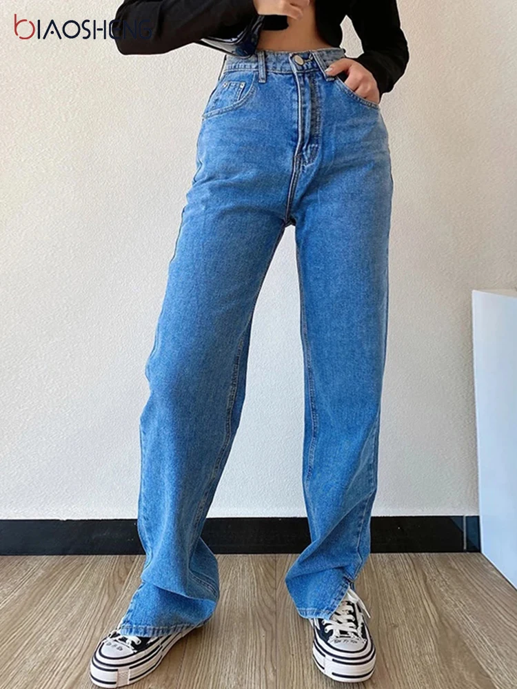 

Women Baggy Jeans High Waist Loose Boyfriends Denim Pants Mom Jeans for Teen Girls Wide Leg Straight Trousers Casual Split Jeans