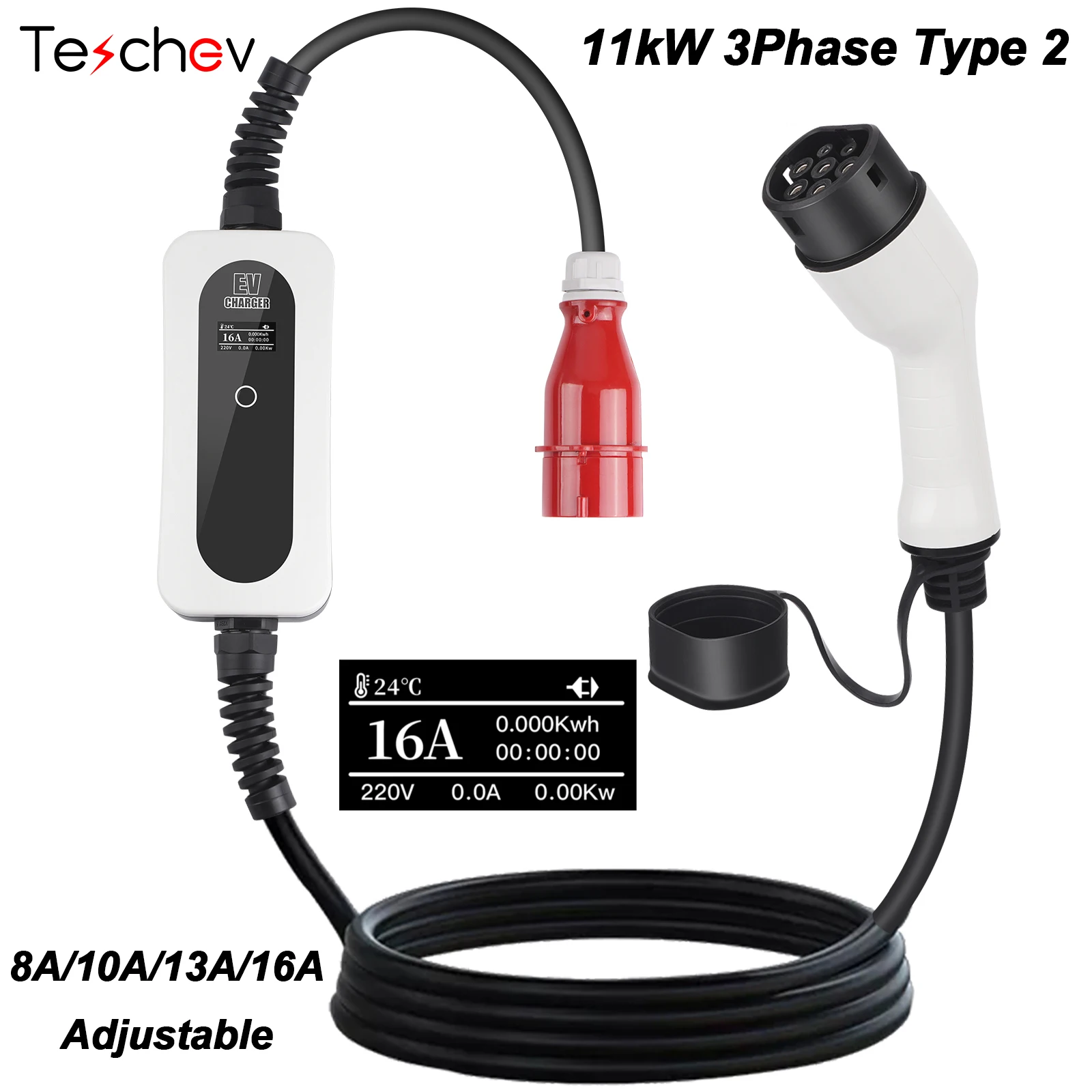 Teschev Wallbox 11kw ev charger type 2 3 phase 8A/10A/13A/16A Adjustable IP65Electric Vehicle Charger IEC62196-2 5M