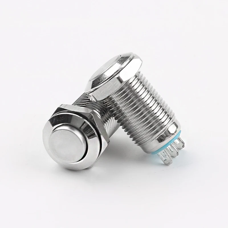 Фото Металлическая кнопка-переключатель 10 мм/12 мм без LED, с высокой/плоской головкой, мгновенного действия/фиксации, 3 контакта, 1НО 1НЗ, водонепроницаемая №1