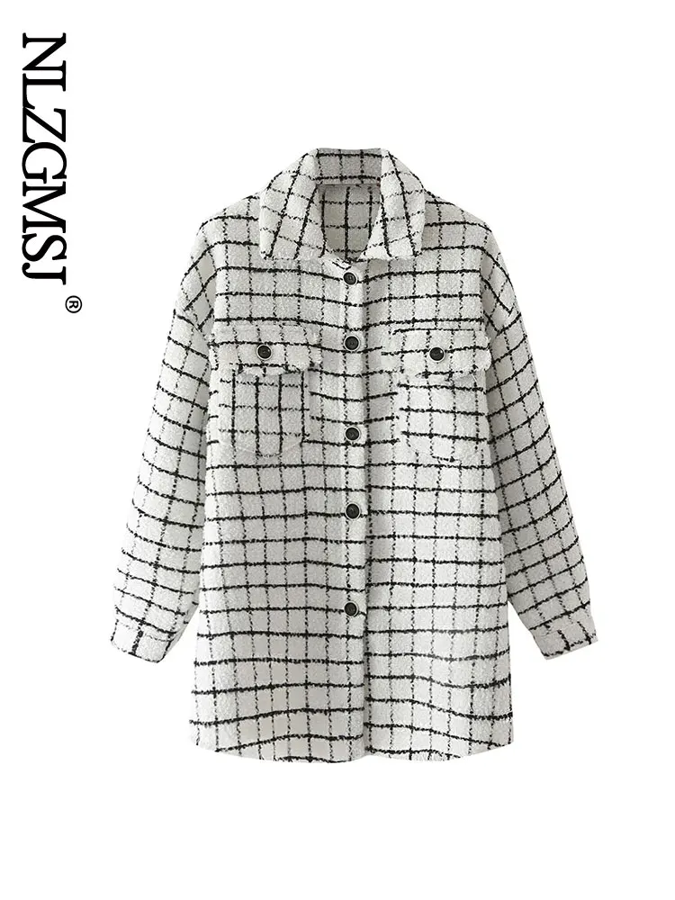 

Nlzgmsj 2022 Woman Shirt Jackets Soft Coat Autumn Fashion White Check Coat Jacket Chic Elegant Girl Casual Lattice Jackets