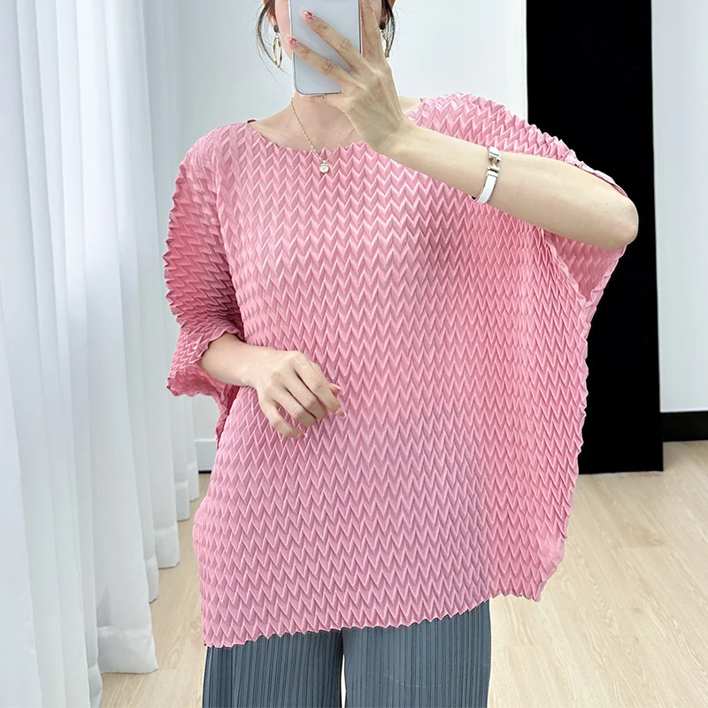 

T-shirt Women's 2023 Summer New Fashion Casual Loose Large Versatile Bat Sleeve Round Neck Pleated Short Sleeve Tops