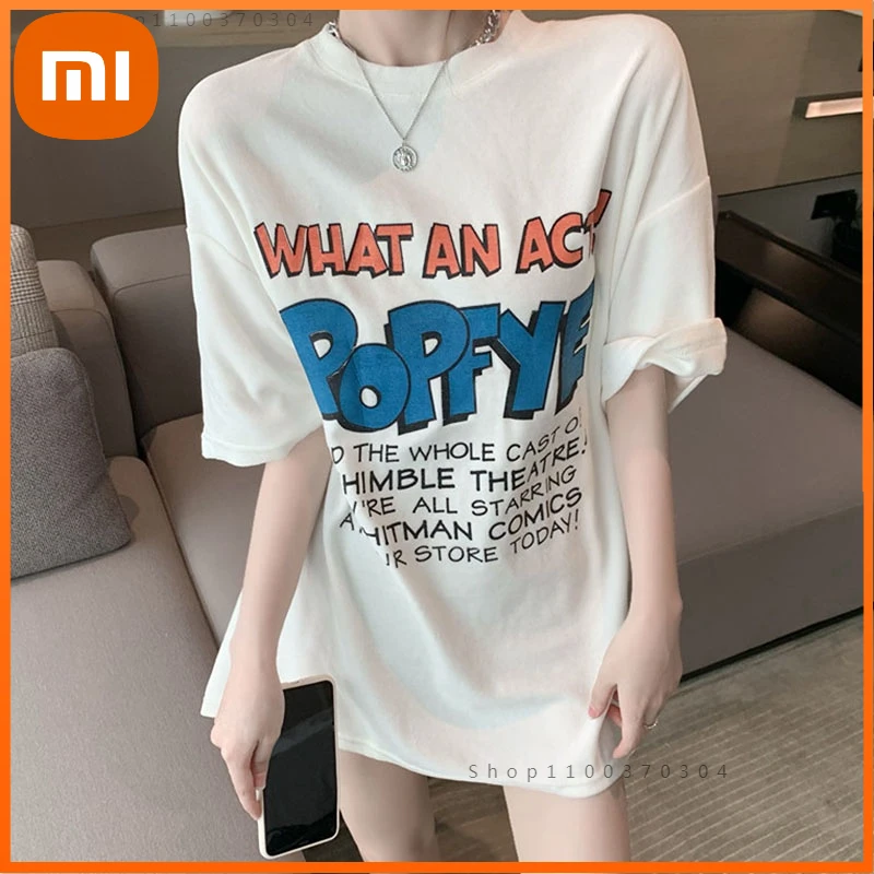 

Женская футболка Xiaomi, повседневные женские топы в Корейском стиле с буквенным принтом, белые, серые свободные футболки BF с коротким рукавом,...