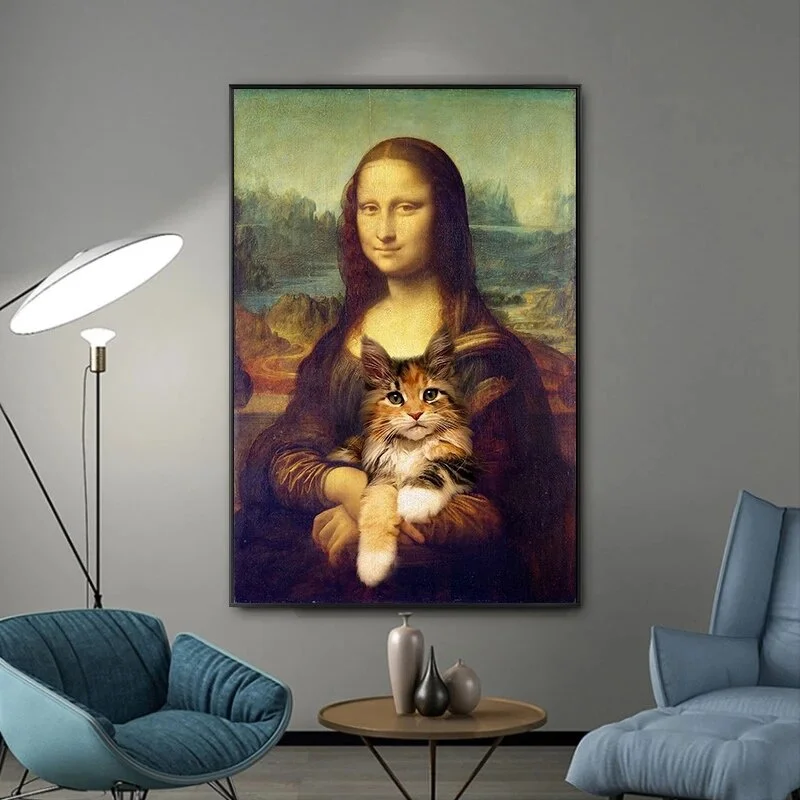 

Funny Mona Lisa Hugging A Cat, Living Room, Cafe, Home Wall Decoration, Modern Canvas Painting, Wall Art Posters and Prints