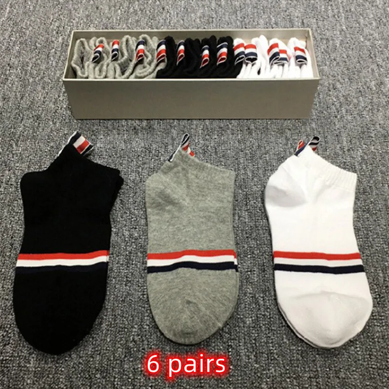 

TB THOM Men's Socks 6 Pairs Luxury Brand Ankle RWN Stripes Socks Cotton Summer Sport Fashion Harajuku Boys Girls Stockings