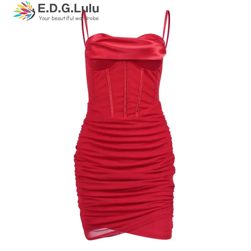 

EDGLuLu Spaghetti Strap Backless Satin Dress Sexy Cut Out Mini Summer Dresses For Women 2022 Elegant Party Bodycon Dress 0509