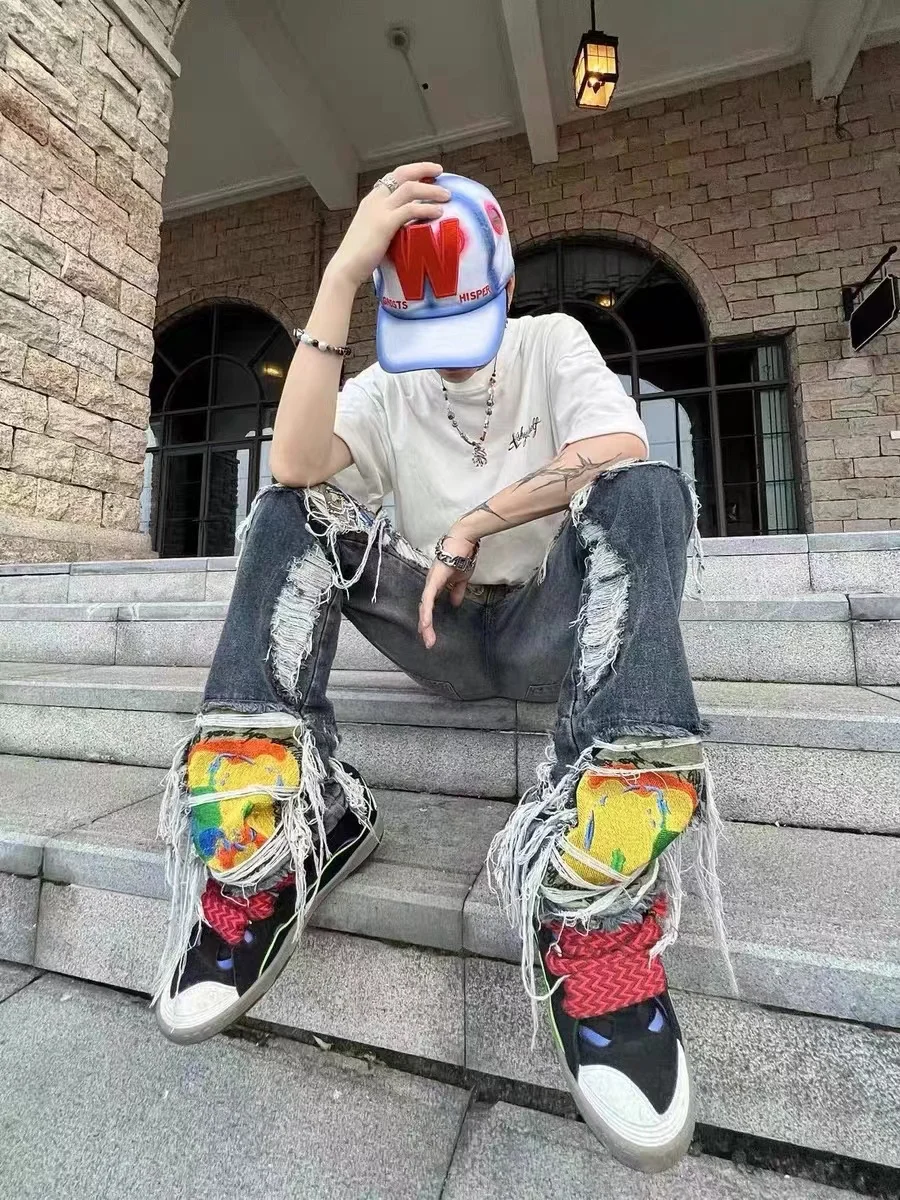 Y2K Emo Vintage Streetwear Embroidered Ripped Straight Gothic Pants Hip Hop Grunge Jeans for Men Denim Trousers Alt Clothes