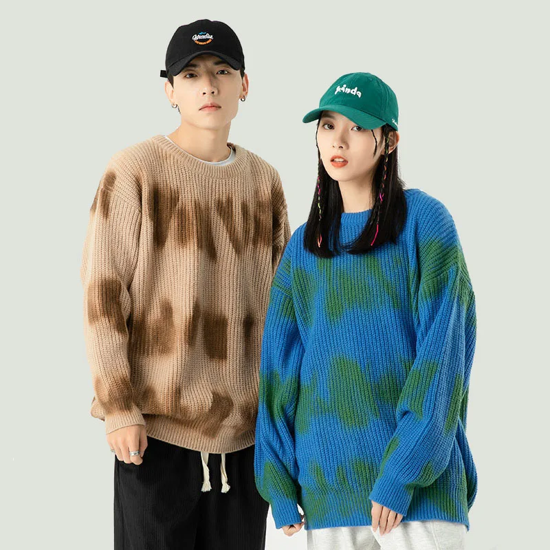 

Harajuku Tie-dyed Knitted Sweaters Jumpers Mens Streetwear Hip Hop Oversized Loose Casual O-Neck College Style Pullovers Unisex