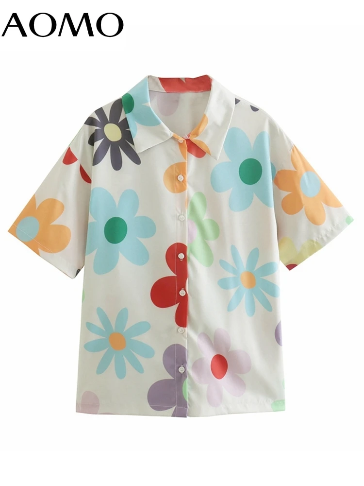 

AOMO Women Retro Flowers Print Oversize Shirt Short Sleeve 2022 Chic Female Blouse Shirt Tops JE83A
