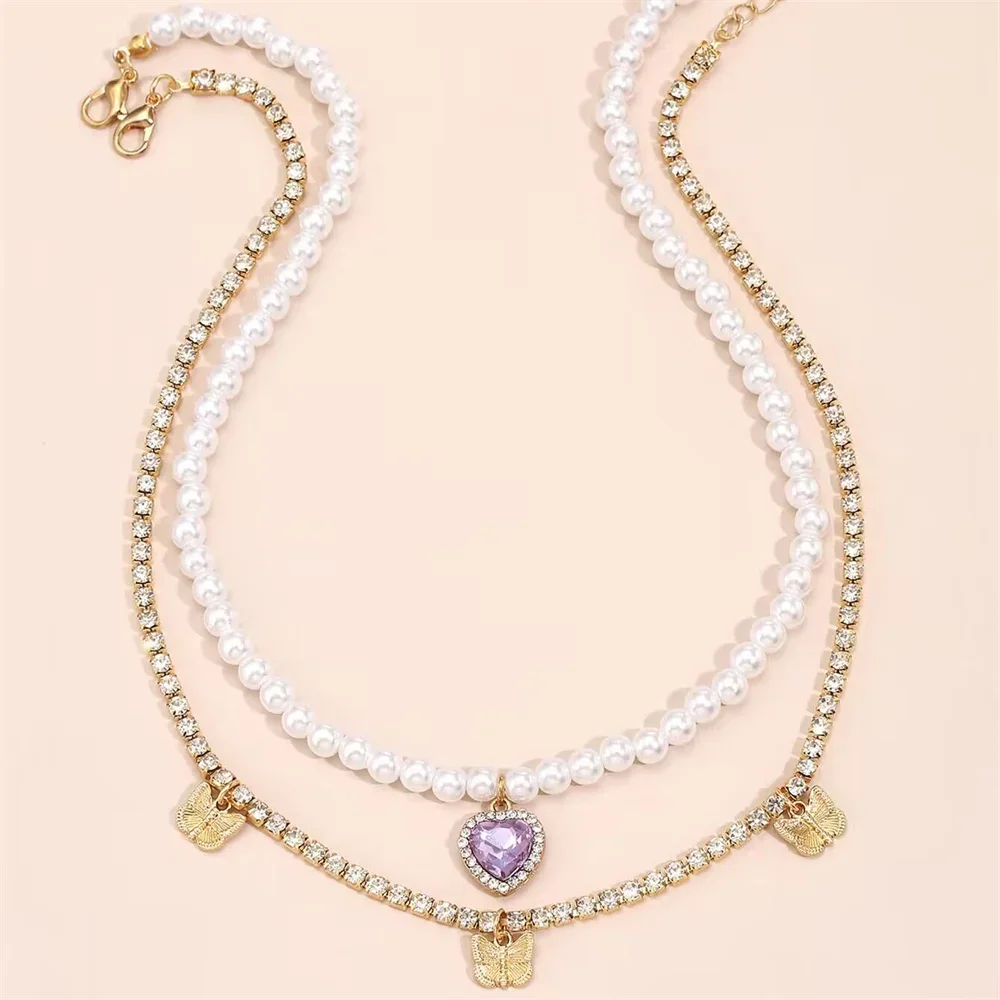 Цепочка с подвеской в форме сердца искусственным жемчугом и кристаллами