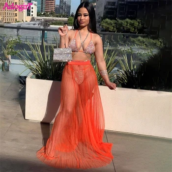 Adogirl Sparkling 3 Piece Sets Women Sexy Bikini Set Sheer Mesh Maxi Pleated Skirt Summer Beach Outfits Lace Up Bra Clubwear 1