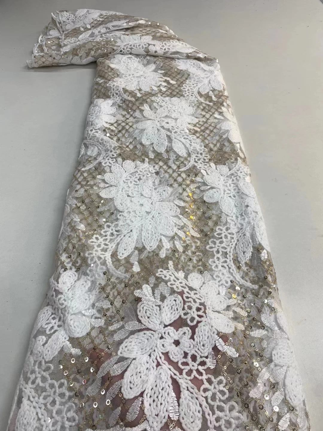 

White Nigerian Guipure Lace Water Soluble With Sequince Fabric 2022 High Quality Embroidered African Cord Laces Mesh Fabric