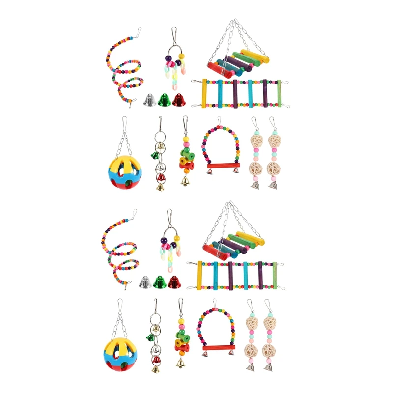 

20 Pack Bird Cage Toys For Parrots Reliable & Chewable - Swing Hanging Chewing Bite Bridge Wooden Beads Ball Bell Toys.-FS-PHFU