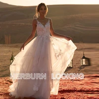 herburnl princess dress customized v neck backless tulle wedding gown 2022 a line lace appliques robe de mari%c3%a9e vestido