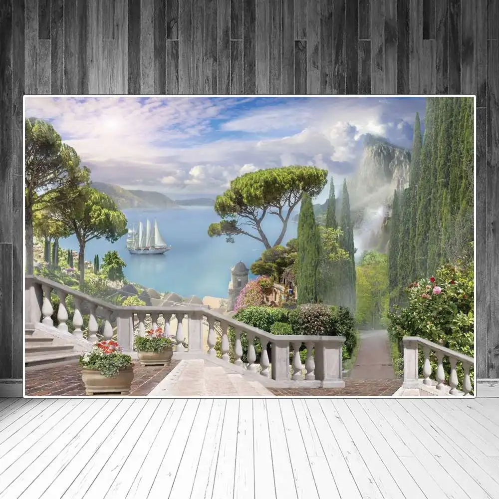 

Sea Bay Town Pathway Stairs Scenic Photography Backgrounds Clouds Mountain Tree Ship Flower Pot Party Decoration Photo Backdrops