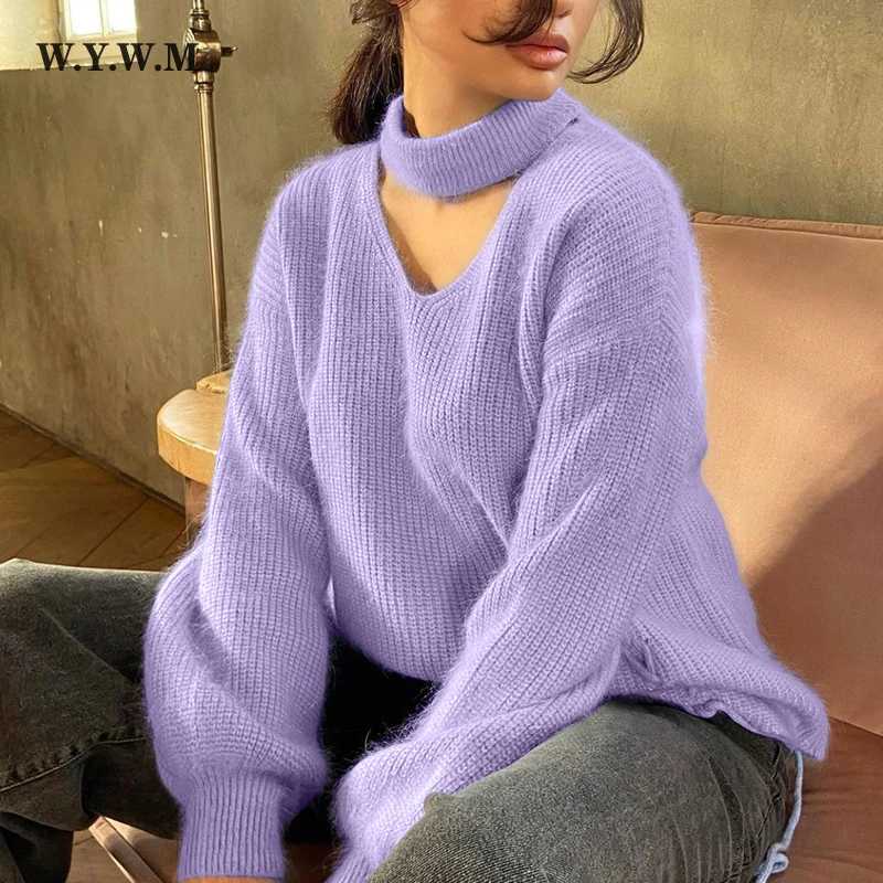 

WYWM Winter New V Neck Sweater Women Soft Warm Solid Knitted Female Pullovers Loose Basic Knitwear Imitation Mink Down Jumper