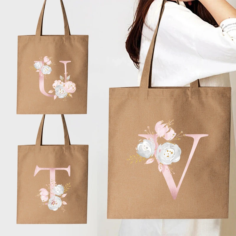 

Pink Flower Letter Print Linen Tote Canvas Shopping Bag Student Simple Eco-friendly Shopping Bag Foldable Tote Bag Canvas Bag