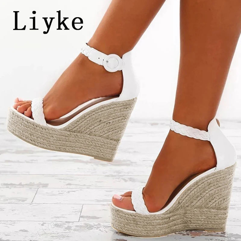 

Liyke Summer Wedges Sandals Women Fashion Straw Rope Weave Thick Bottom Platform High Heels Open Toe Buckle Strap Shoes Casual