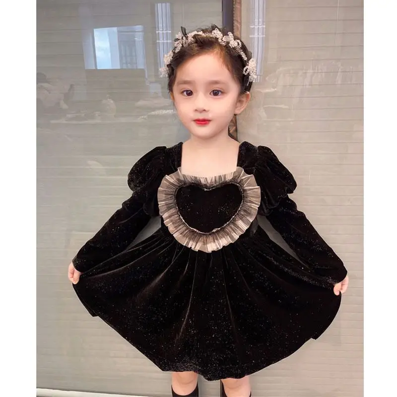 

Girls' Dress 2023 Autumn/Winter New Fashionable Bubble Sleeve Princess Dress Gold Velvet Love Dress