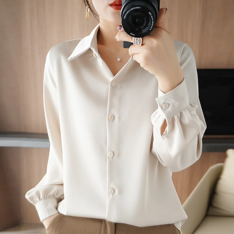 Женский Шелковый кардиган с лацканами Новые однотонные Атласные Рубашки