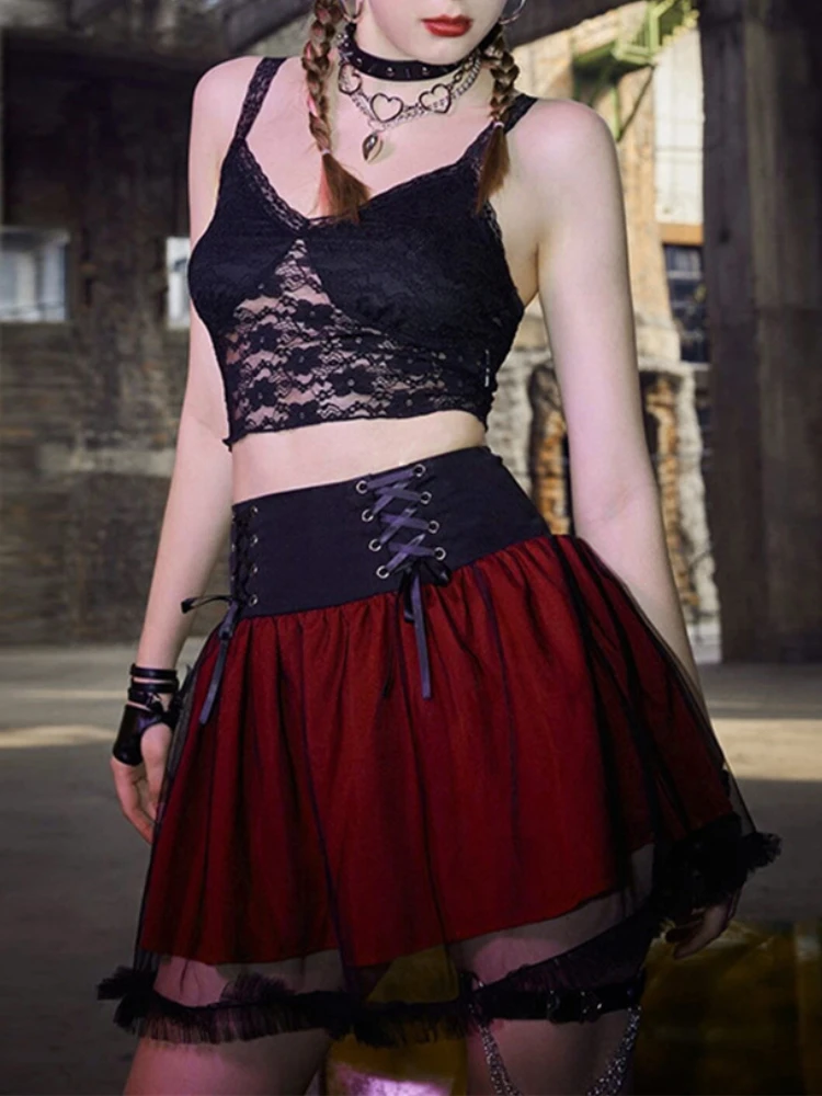 

Street Style Dark Sexy Lace Skirt Harajuku Vintage Perspective Mesh Cake Skirt 2022 Spring Summer New Skirt Women's Clothing Emo