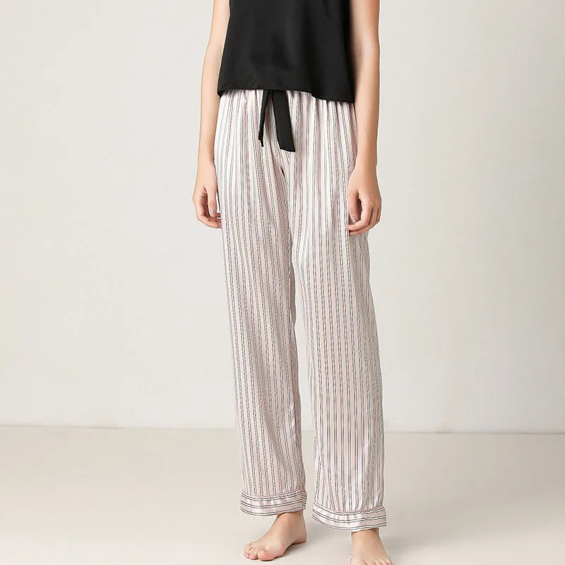 Women 2 Pieces Sleepwear Silk Sling Sleeveless Lace Black Top and Long Pants Pajamas Set