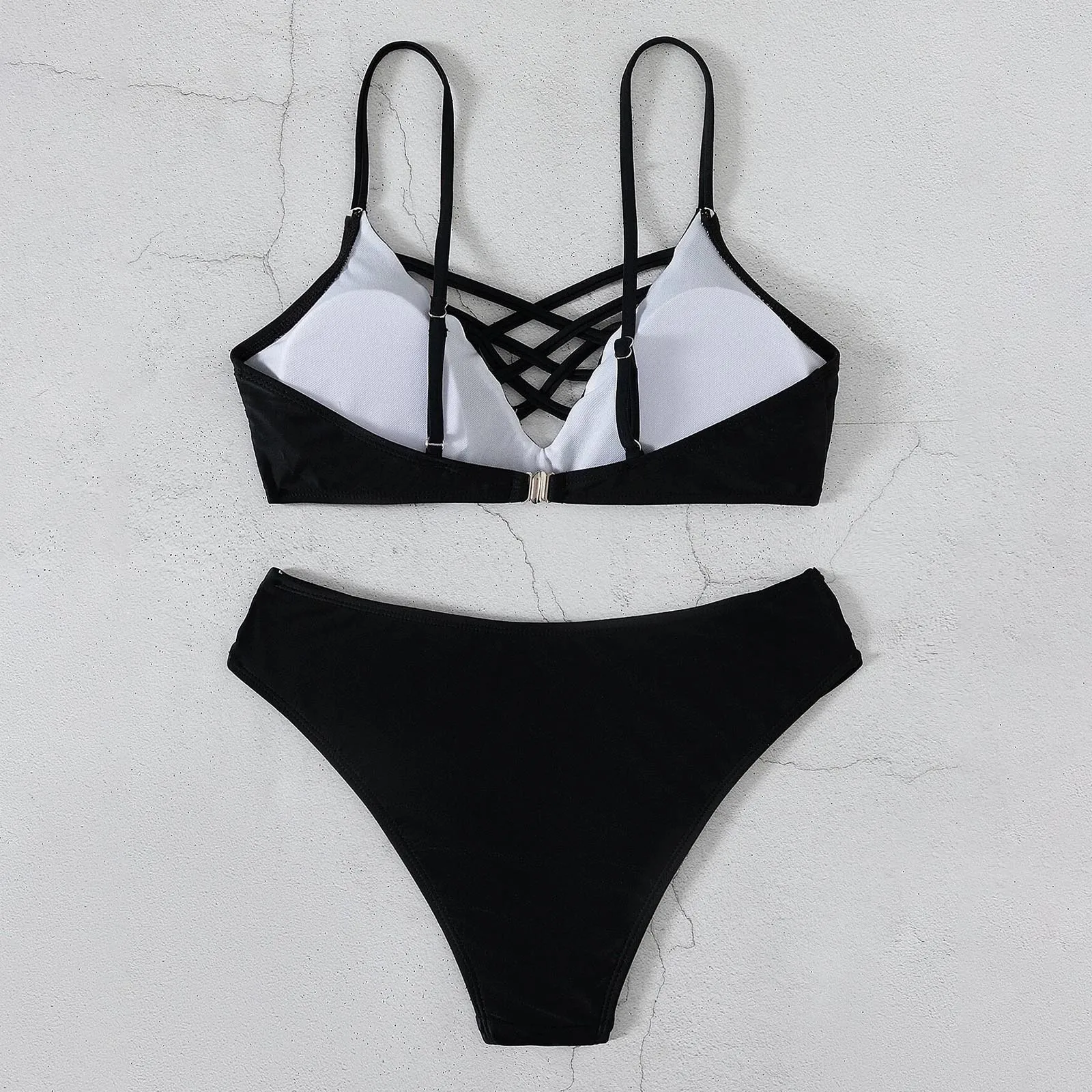Black Cross Strap Sexy Bikini Set High Waist Thong Tankini Hollow Out Bandeau Swimsuit Cut Brazilian Bathing Suit |