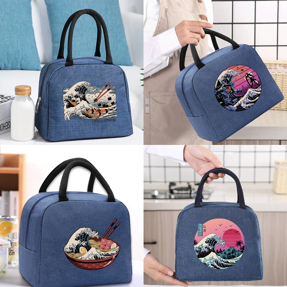

Lunch Bag Thermal Cooler Tote for Work Insulated Canvas Zipper Travel Food Picnic Storage Bags Unisex Wave Series Handbag