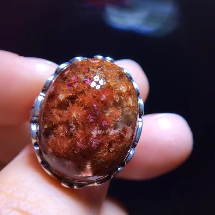 Регулируемое кольцо из натурального золота с рутилированным кварцем цветок