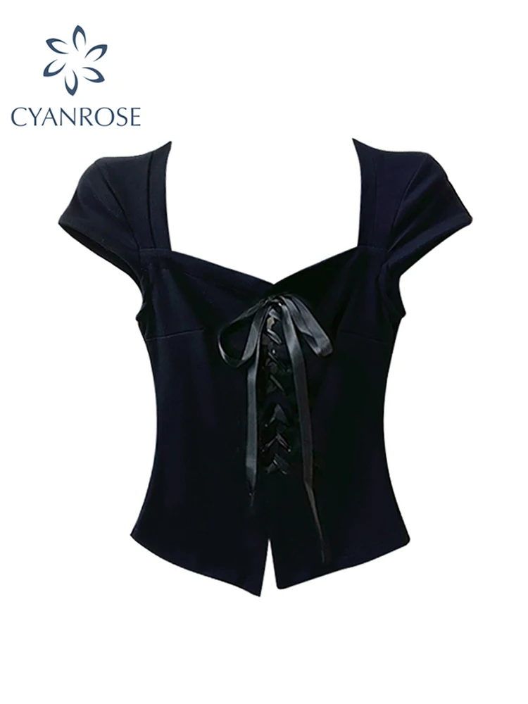 

Женская футболка с коротким рукавом, черная Готическая футболка Y2k, винтажная модная футболка в стиле Харадзюку с квадратным вырезом на шнуровке, лето 2023