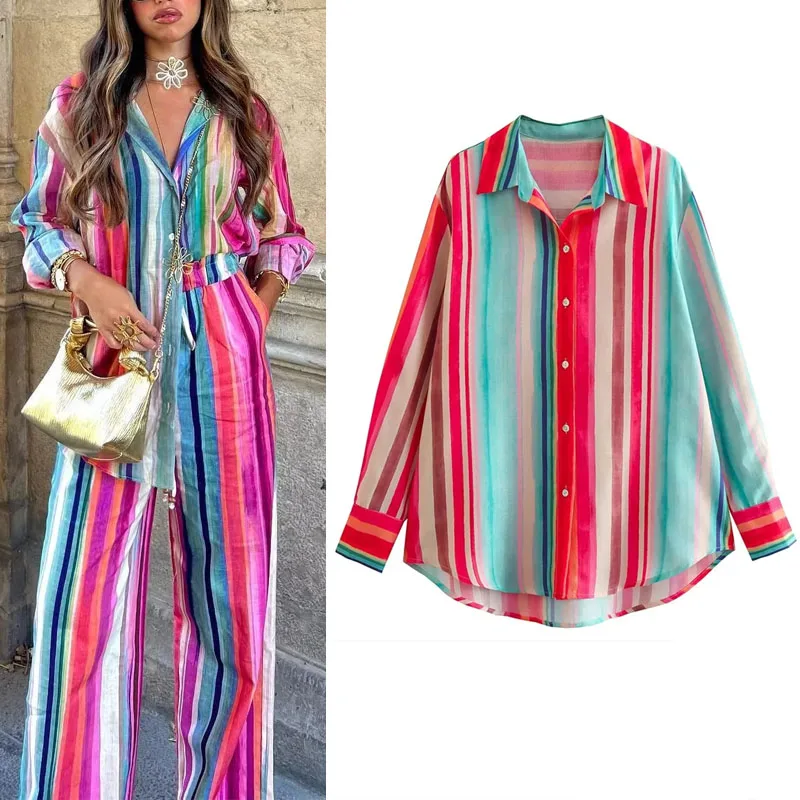 

TRAF Woman Stripe Print Casual Shirts 2023 Summer Lapel Collar Female Clothing Long Sleeve Single Breasted Fashion Woman Blouse