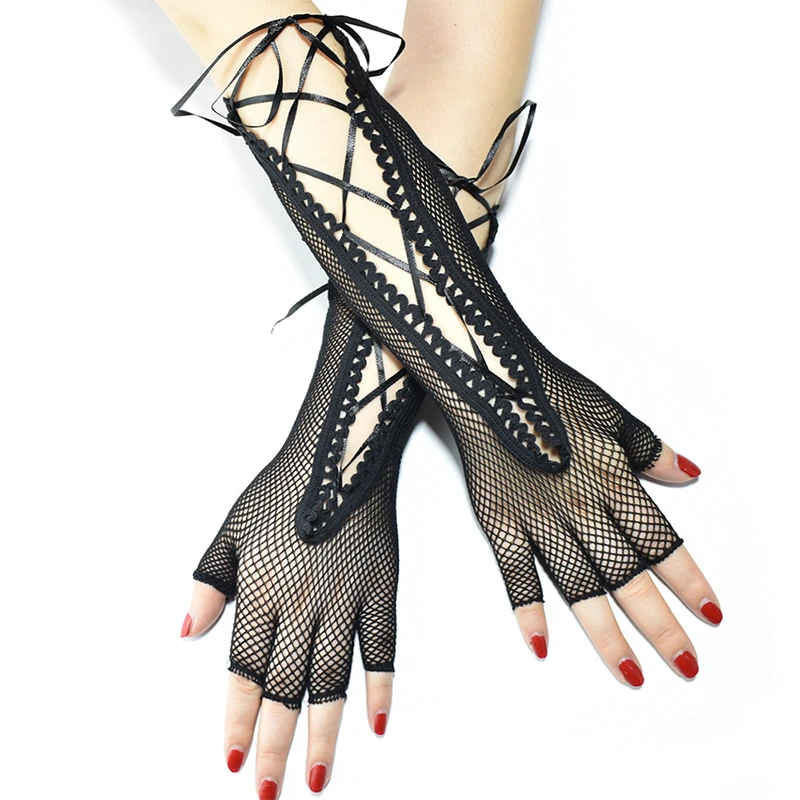 

Sexy Lace Fishnet Gloves Black Half Finger Dance Mittens Women Fingerless Mesh Lace-Up Gloves Elasticity Hollow Out Cross Ribbon