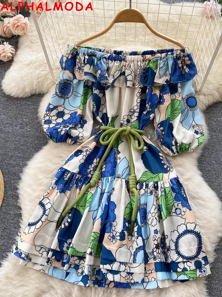 

Женское льняное платье ALPHALMODA, с цветочным принтом на шнурке, свободное мини-платье с рукавом до локтя для отдыха на лето