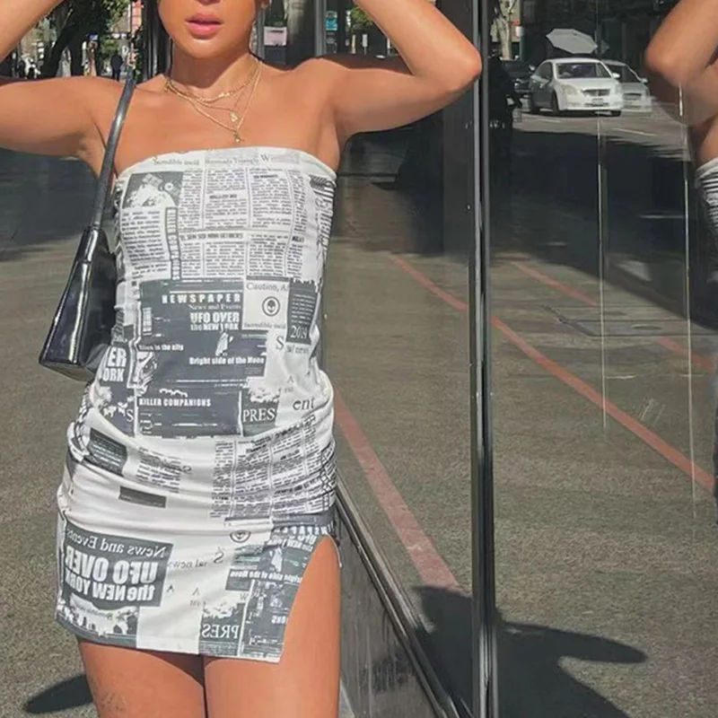 

Vintage Newspaper Print Bodycon Dress Y2K Aesthetic Backless Strapless Slim Fit Tube Dress Chic Women Summer Club Party Night