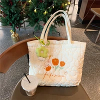 quilted embroidery small tote bag for women lovely flower student girls book purse handbags simple female shopper shopping bag