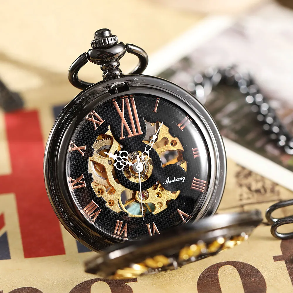 Hand Skeleton Wind Mechanical Pocket Watch Men Women Vintage Big Roman Numerals Hollow Necklace Fob Chain Clock Pendant Black