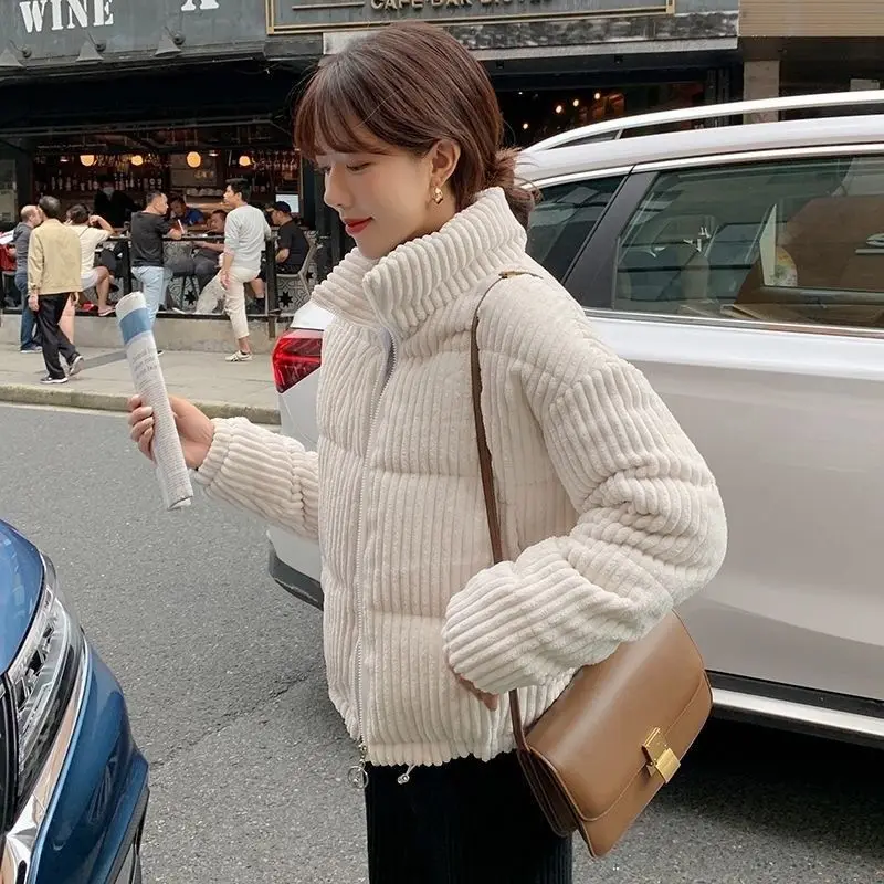 

Corduroy Parkas Padding Solid Winter Coat for Women Zipper Puffer Jacket Long Sleeve Stand Down Casual Thick Warm Outwear Female