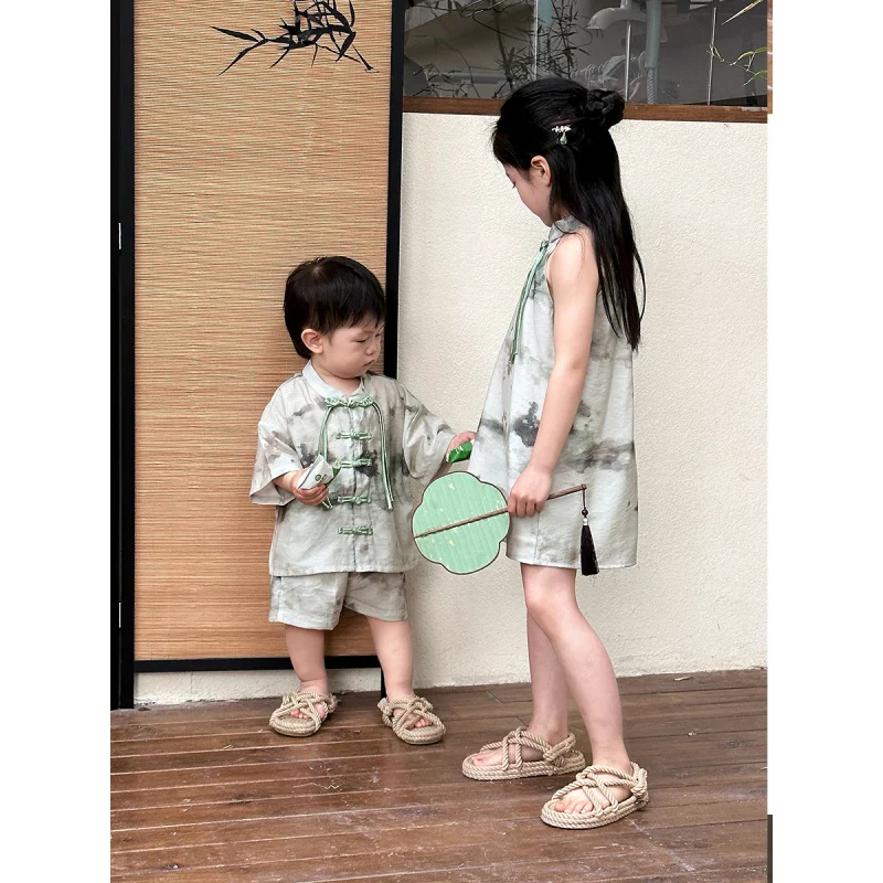 Летний новый стиль китайский наряды для брата и сестры национальный чернильный