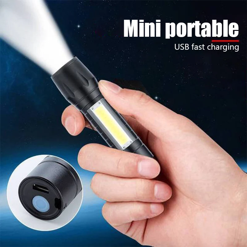 

Portable USB Rechargeable LED Flashlight COB+XPE Built-In BatteryTactical Torch Flashlights 3Modes Work Light Emergency Lanterna