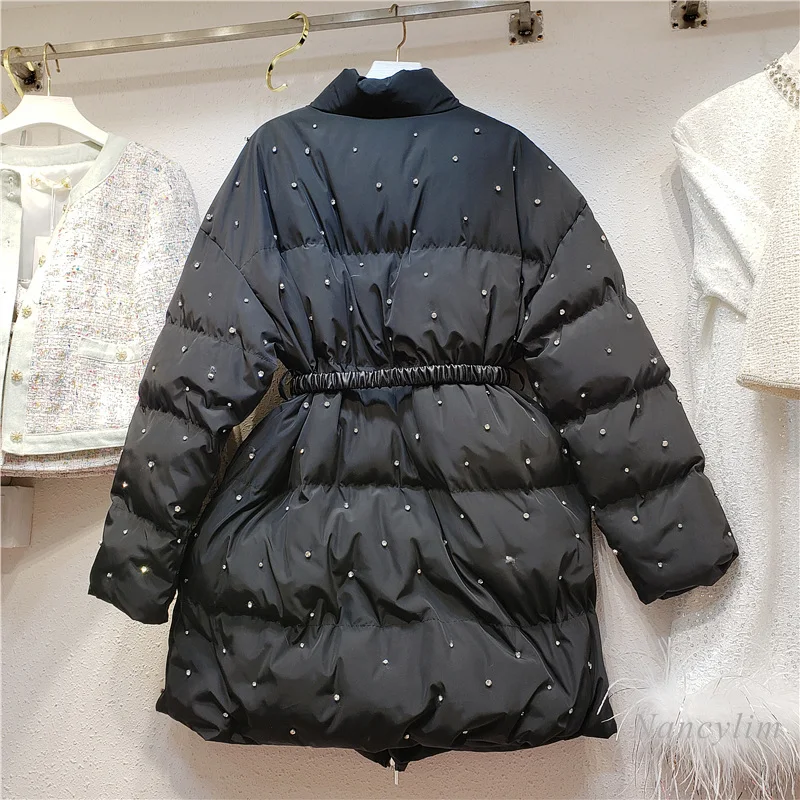 Rhinestone Beaded New Waist Cotton Clothes Women's Winter 2021 Mid-length Thickened Parka Women's Warm Jacket