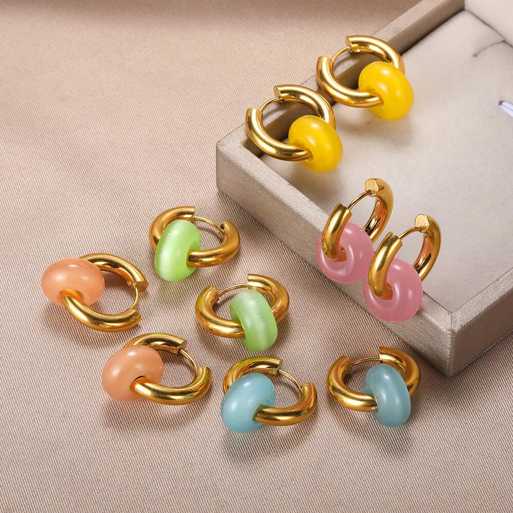 

Trendy Colorful Opal Round Hoop Earrings For Women Stainless Steel Geometry Bead Earrings Statement Jewelry Gift Wholesale