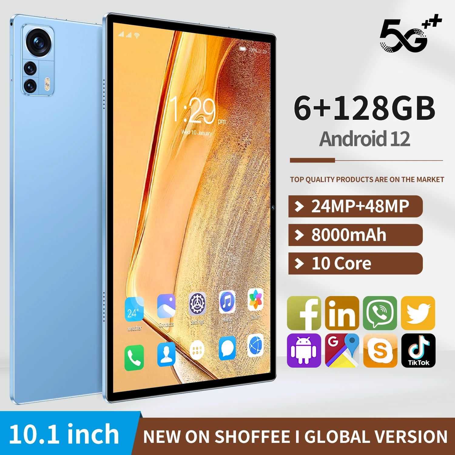 

New 10.1-inch 5G tablet Android 10.0 eight core mobile phone calls Google Play 6GB RAM 128GB ROM tablet PC WiFi Bluetooth Type-C
