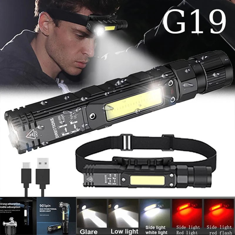 

New G19 Portable LED+COB Flashlight With Magnet USB Rechargeable Best For Fishing Camping Work Light Powerful Torch Headlamp