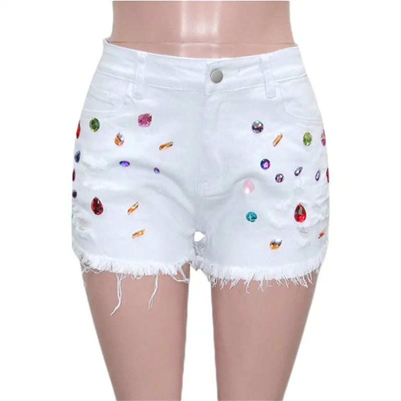 Fashion Colorful Diamond Decoration Denim Shorts Women Casual Mid-waist Straight Three Quarter Pants Ladies Summer Tassels Jeans