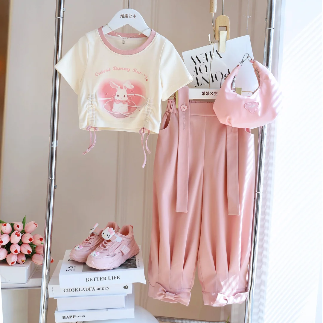 

Retail 2023 New Baby Girls Summer Teenage Fashion Sets, Cartoon T-shirt + Pink Suspend Pants Princess Sweet Suits 2-9T