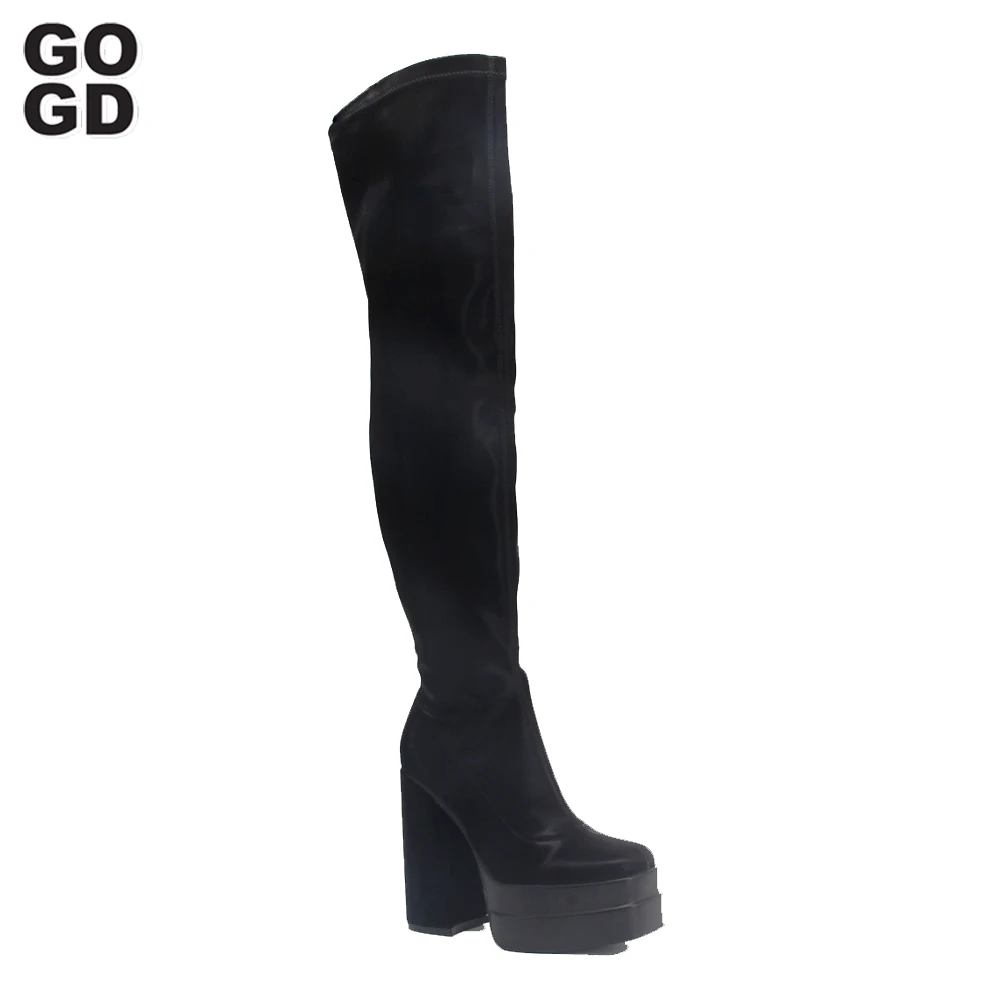 GOGD Fashion New Women Over The Knee High Boots Sexy Platform High Heels Chunky Thick Sole Shoes Punk Style Motorcycle Boots